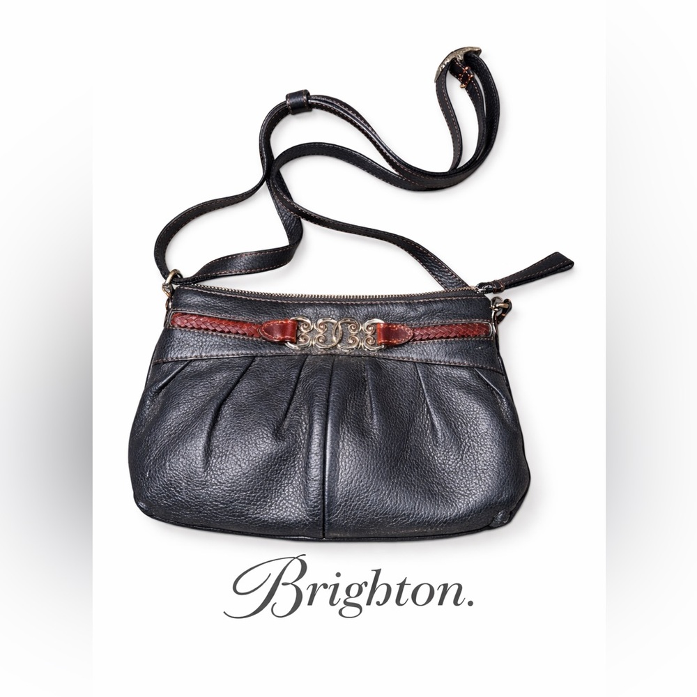 Brighton Black Leather Crossbody Bag Silver Hardware Braided Detail